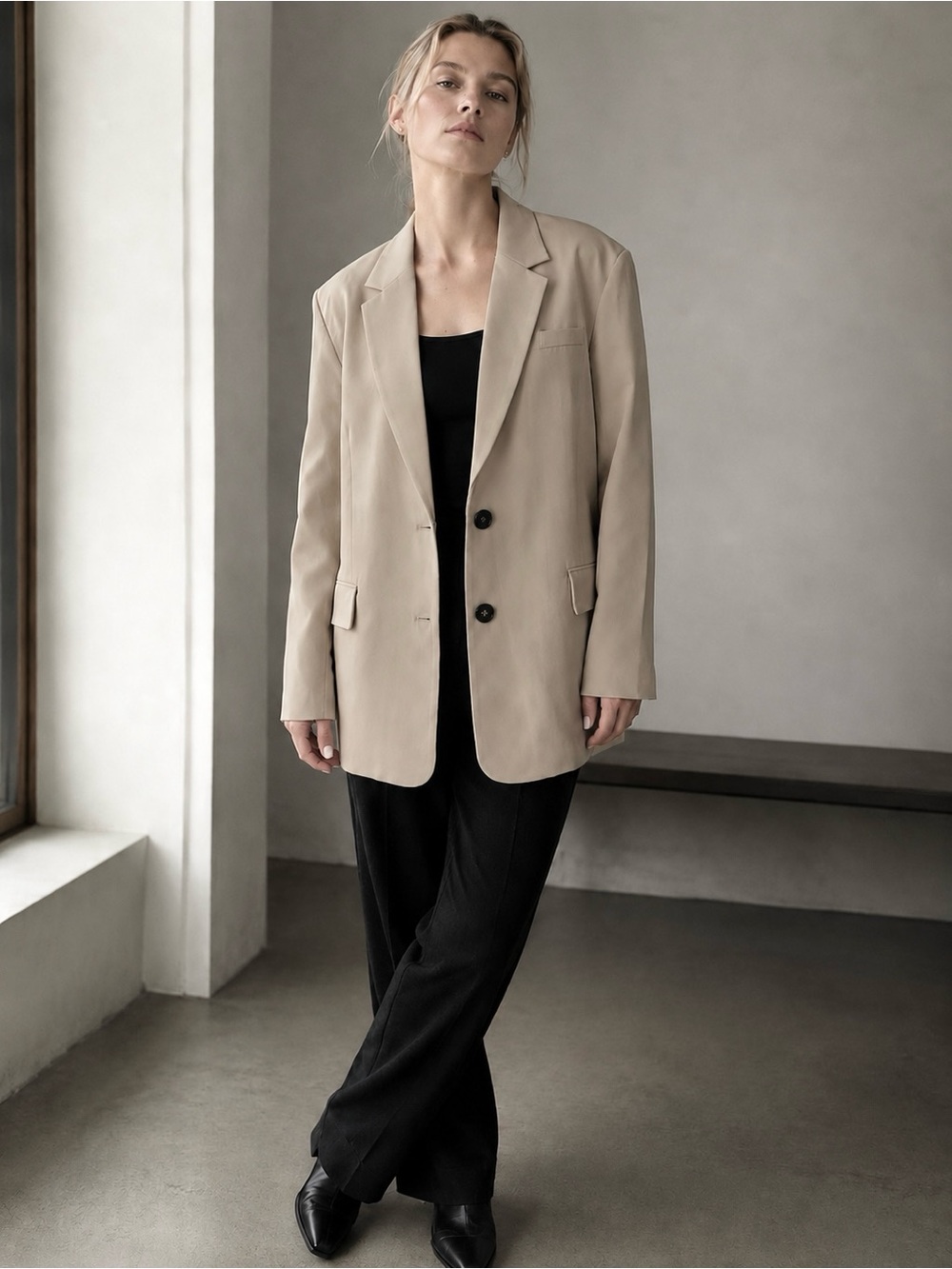 Crescent Oversized Single Breasted Blazer Cream Beige Relaxed Jacket Size S